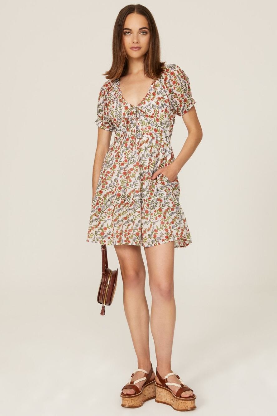 Banjanan Artemis White Floral Print V-Neck Short Sleeve A-Line Mini Dress Sz XL